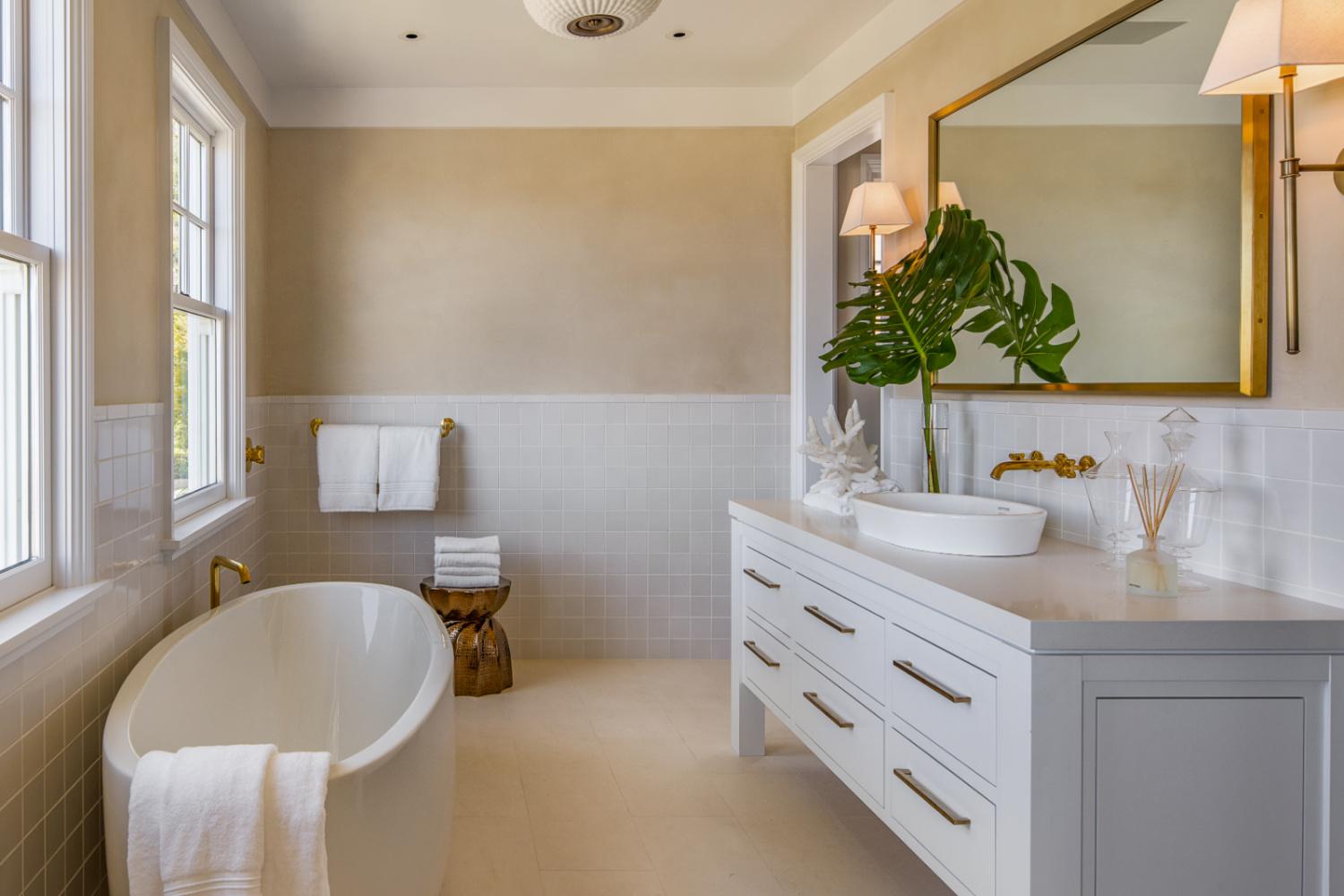 modern bathroom with alabaster tile and tub